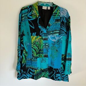 Chico's silk linen blend Asian inspired patchwork button down jacket blue green